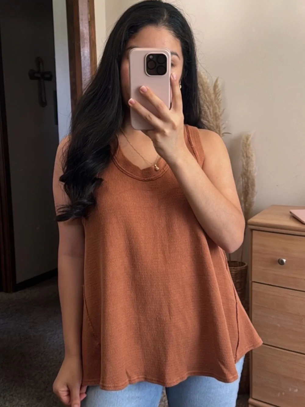 Dress up (L)rust orange boho western cowgirl knit tank top casual boutique